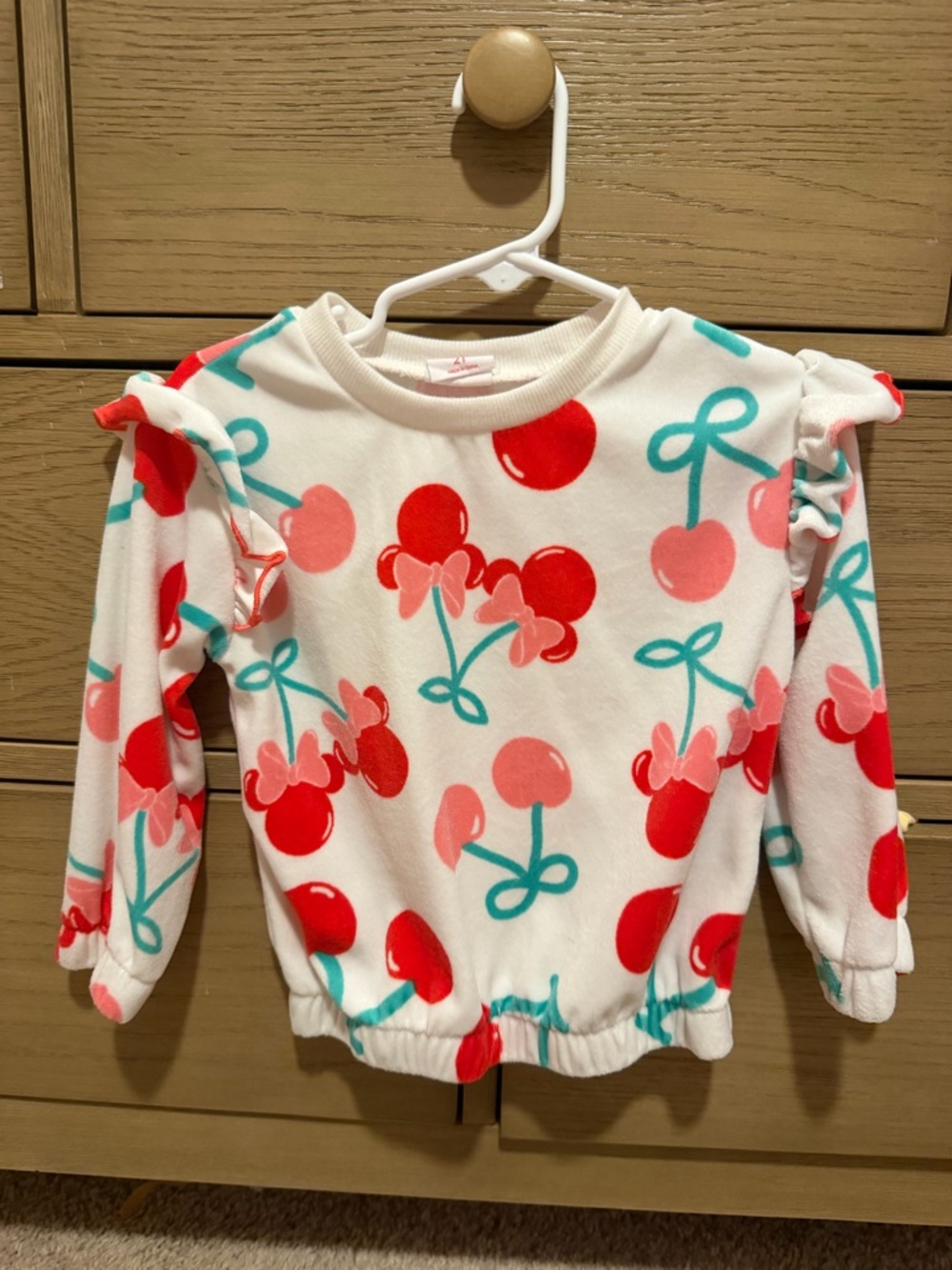 Disney White Girls Cherry Print Sweatshirt with Ruffle Shoulders